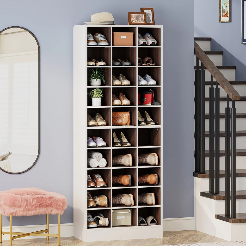 Meuble à chaussures haut 30 paires, étagère de rangement à chaussures en bois blanc 10 niveaux pour placard, entrée - 10 niveaux