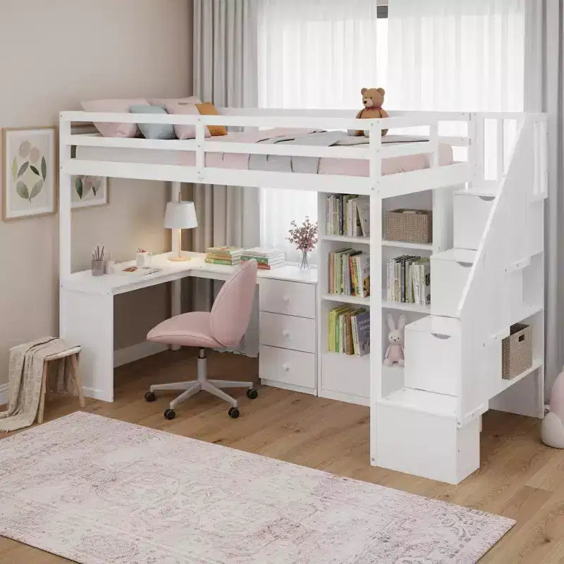 Letto a soppalco singolo con scrivania a L, 3 cassetti, armadio, contenitore per scale, struttura in pino massiccio/MDF