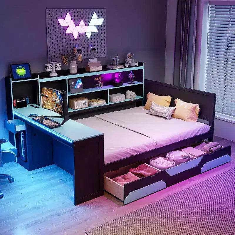 Daybed da gioco completo/queen size con testiera libreria, luci LED, scrivania integrata, cassetti e stazione di ricarica