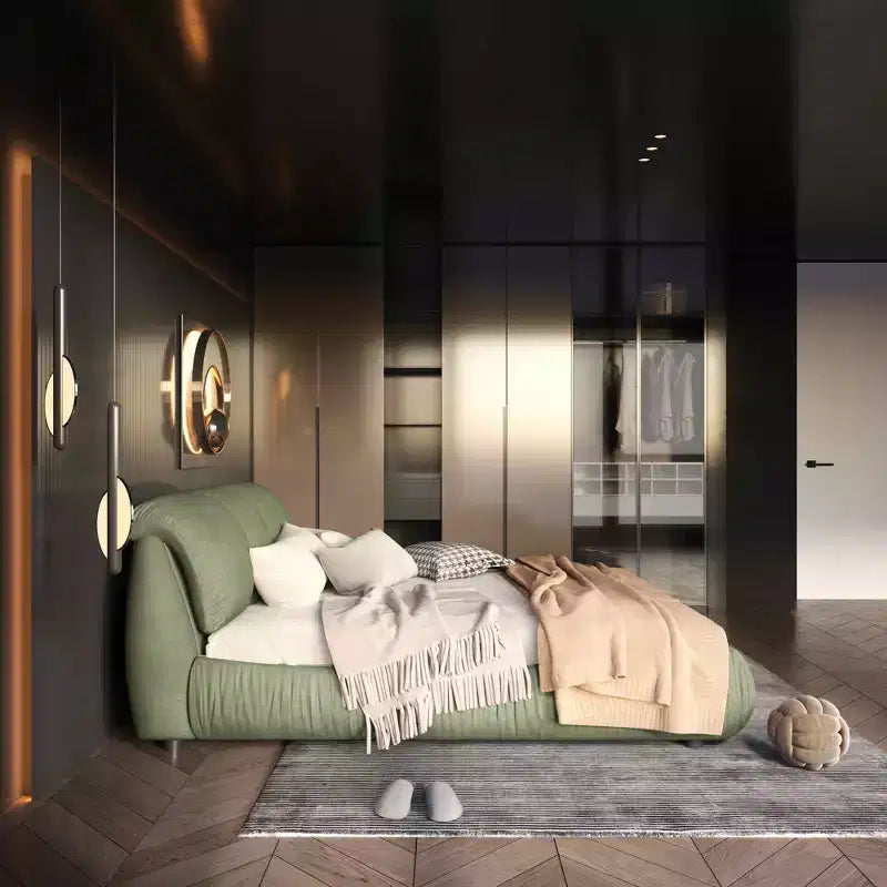 MAYEERTY Letto a Piattaforma Queen Size di Lusso Rivestito in Tessuto con Testiera Imbottita Oversize e Struttura in Legno Massello Verde