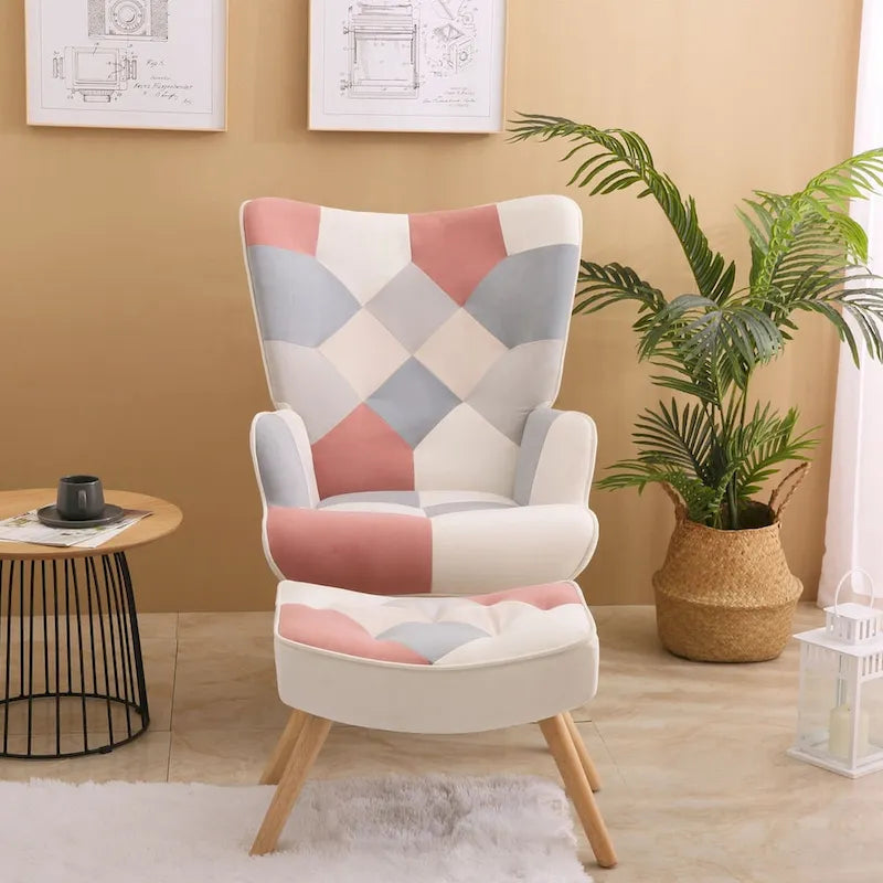 Poltrona con Pouf, Set Sedia e Ottomana per Soggiorno, Comoda Poltroncina Laterale per Camera da Letto, Superficie in Tessuto con Giunture Creative
