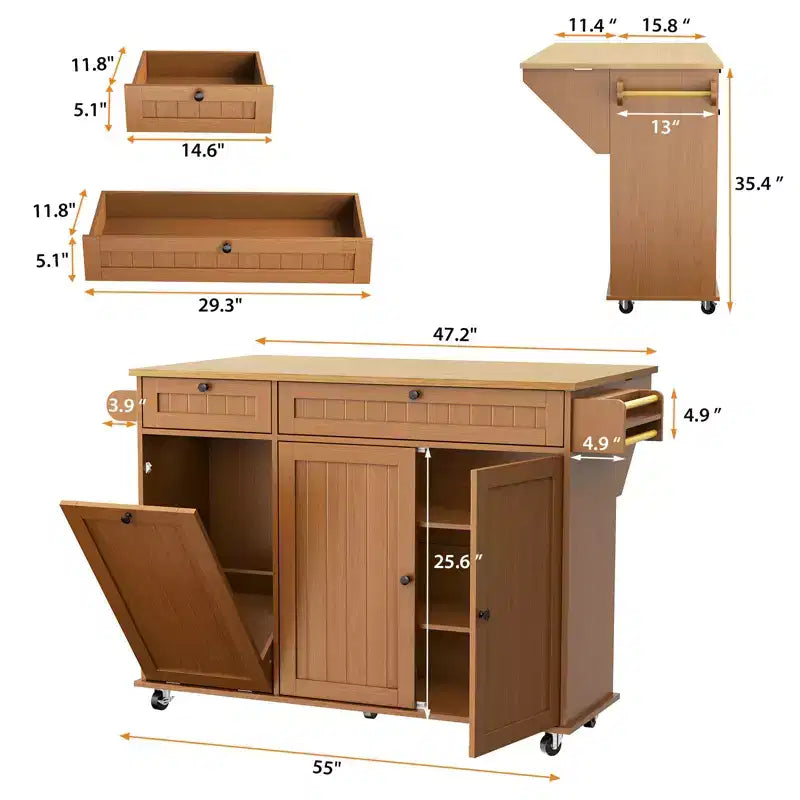 Tavolo da cucina mobile con isola da 55" con presa di corrente e anta a ribalta, carrello da cucina con isola su ruote e armadietto per pattumiera per la cucina