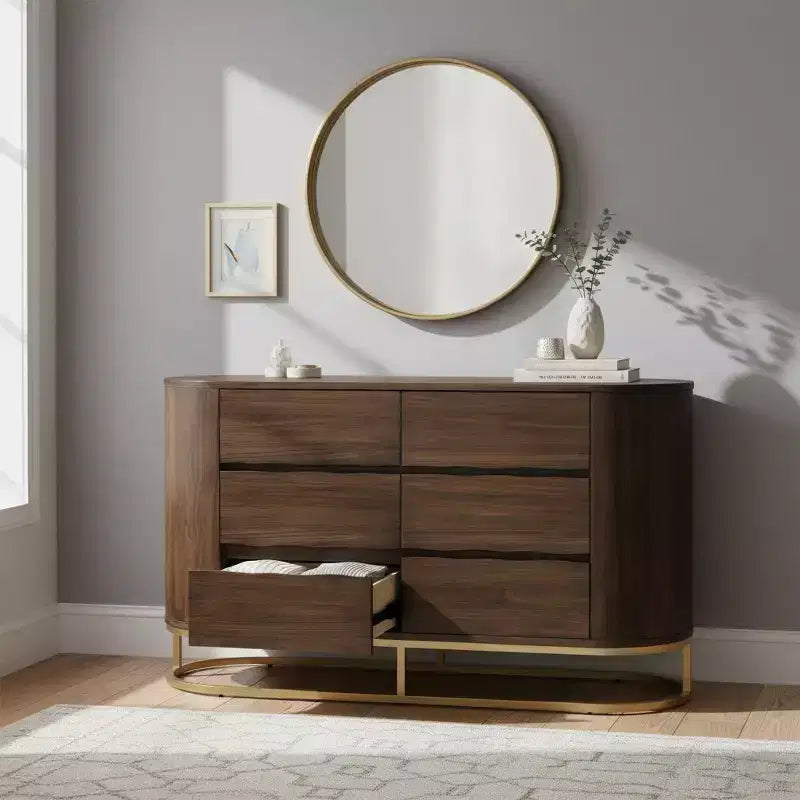 Comò moderno a 6 cassetti con design a bordo vivo, base in metallo e costruzione durevole in legno misto