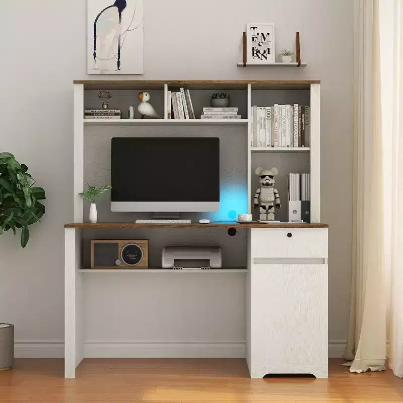 Scrivania moderna da 130 cm con libreria e scaffali, scrivania da ufficio con ampio spazio di archiviazione, scrivania per studio, sala lettura