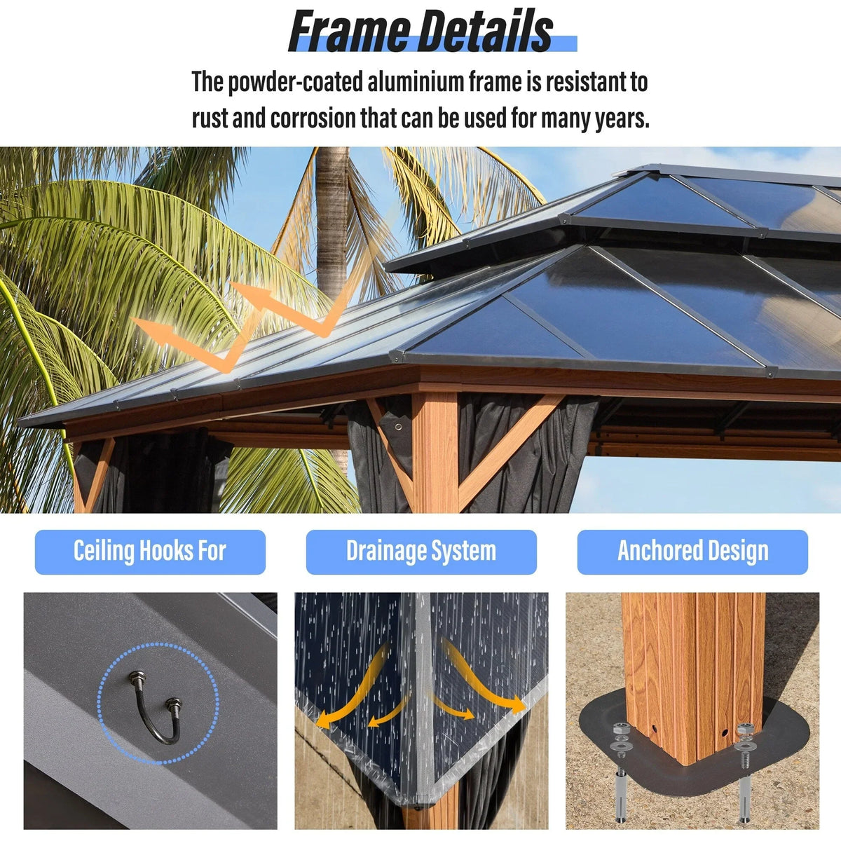 EROMMY Gazebo a tetto rigido, Pergola da esterno con doppio tetto, zanzariere e tende, Tenda da sole resistente per patio, cortile, feste in piscina