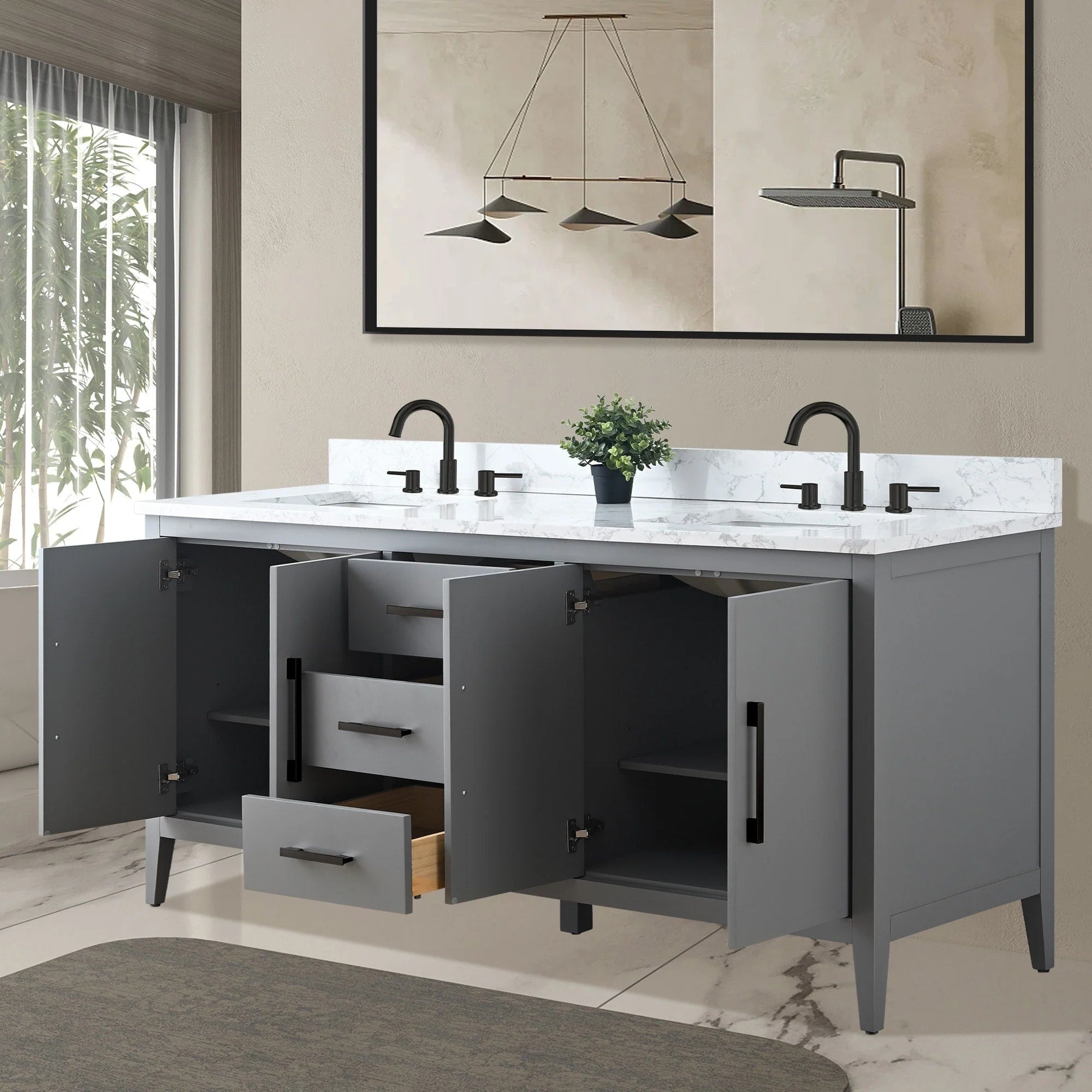 Mobile lavabo doppio Vanity Art 72 per bagno con piano in marmo composito