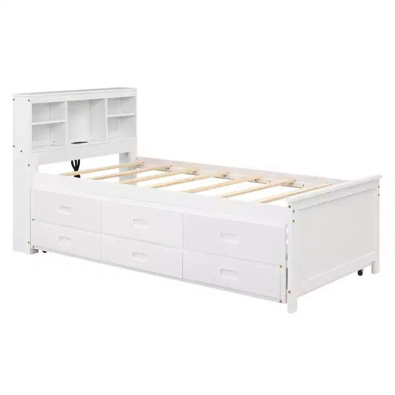 Letto a piattaforma con letto estraibile e cassetti, Letto a piattaforma contenitore con USB, Letto a piattaforma in legno con libreria