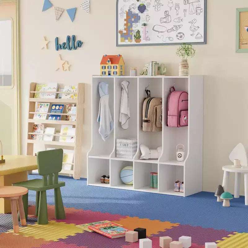 Mobiletto/armadietto a 4 scomparti marrone/bianco con 8 ganci, per bambini