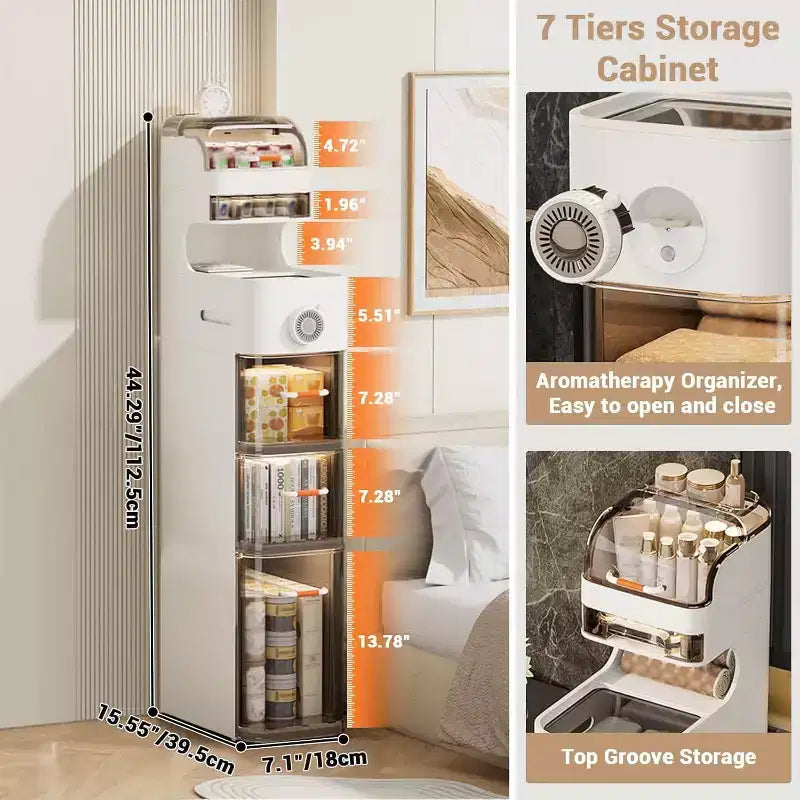 Mobiletto Bagno Sottile, Armadietto Stretto a 7 Ripiani - con Organizer Impermeabili, Porta Fazzoletti e Ruote, Ideale per Bagno, Cucina, Lavanderia