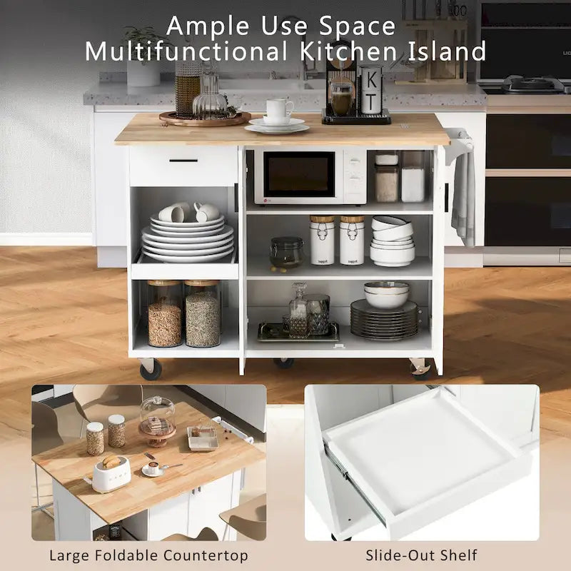 Isola da cucina con piano pieghevole, carrello da cucina con ripiano estraibile, portasciugamani e cassetto, ruote girevoli