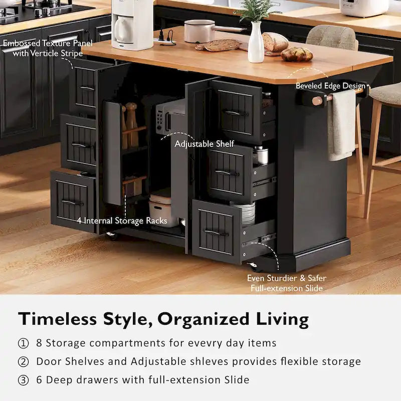 Isola Cucina Espandibile con Ante a Scomparsa, Carrello Cucina su 4 Ruote con Presa Elettrica, Tavolo Isola Mobile con 2 Ante e 6 Cassetti