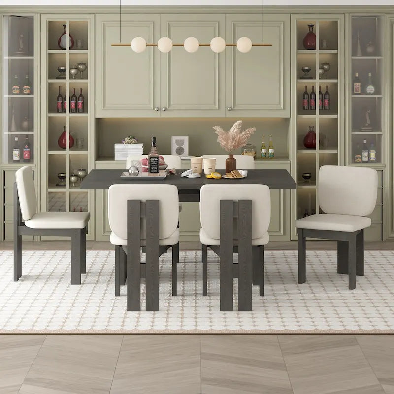 Set da pranzo transizionale in legno da 7 pezzi con tavolo rettangolare e 6 sedie