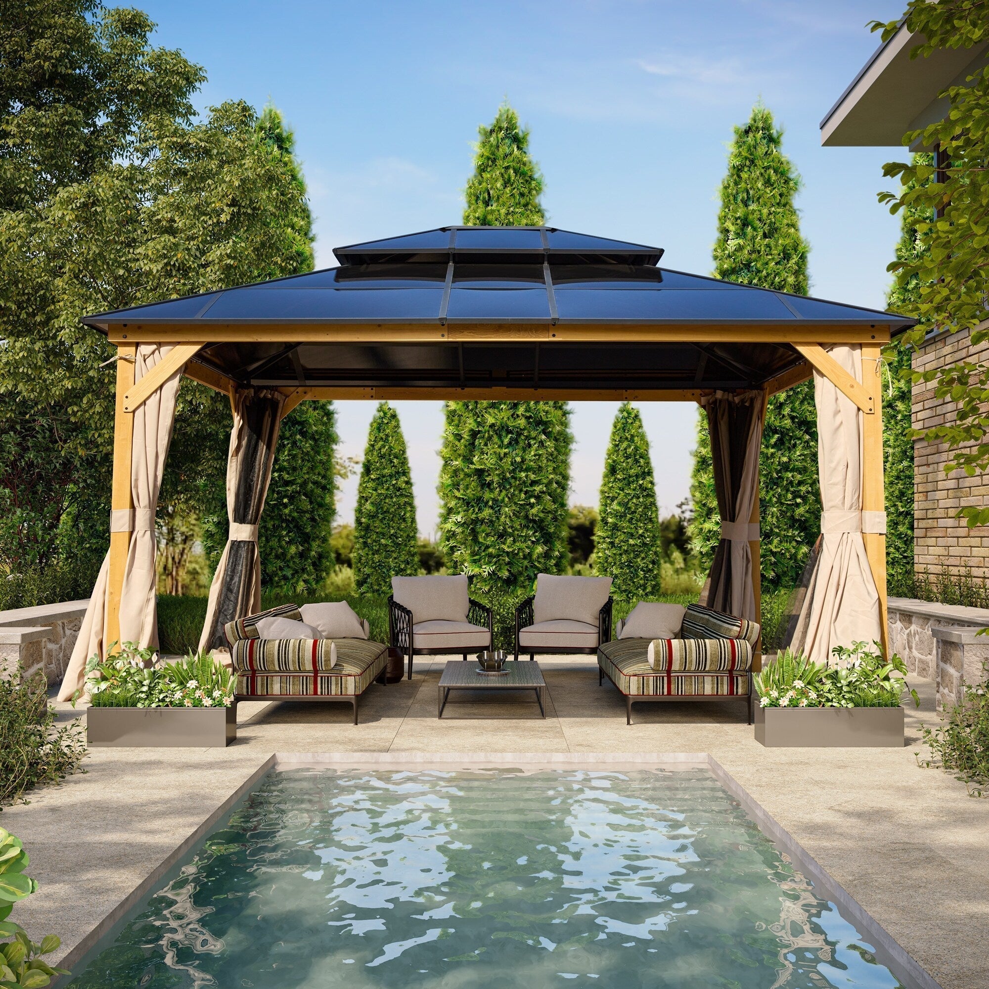EROMMY Gazebo a tetto rigido, Pergola da esterno con doppio tetto, zanzariere e tende, Tenda da sole resistente per patio, cortile, feste in piscina