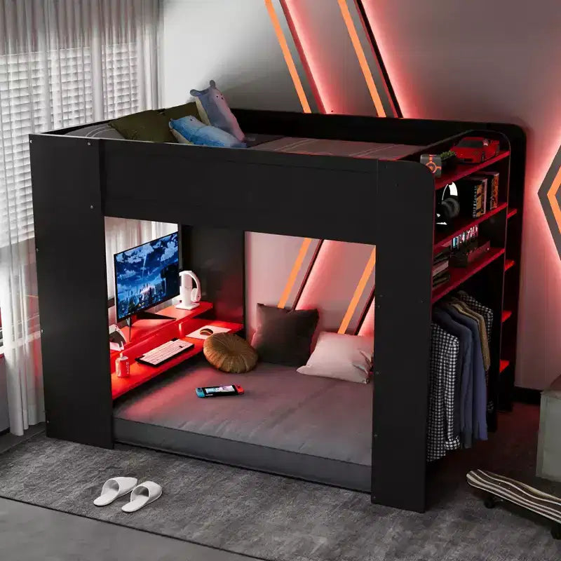 Luxystar Letto a soppalco a una piazza e mezza con scrivania illuminata regolabile, armadio aperto e libreria
