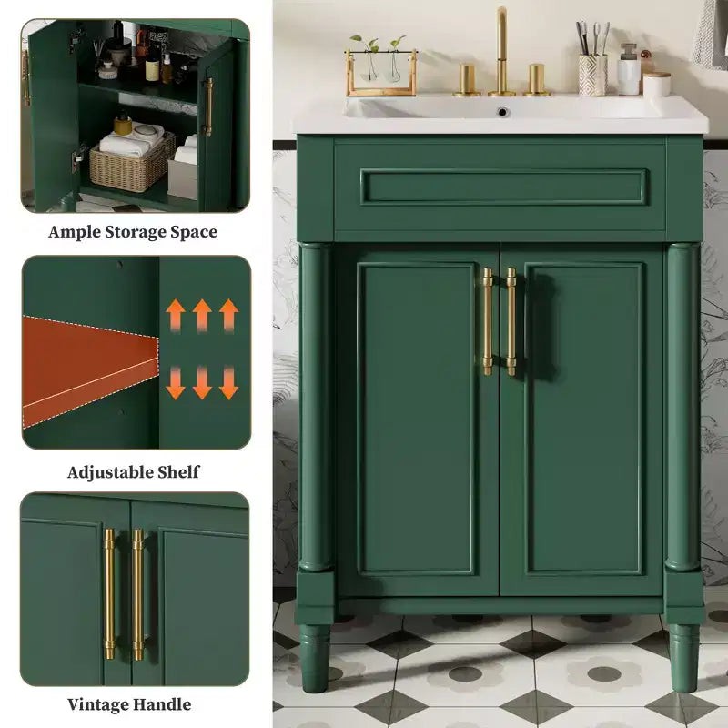 Mobiletto da bagno 61 cm con lavabo in ceramica, mobile stile shaker, 2 ante con chiusura ammortizzata, struttura in legno massello per bagno piccolo o bagno di servizio