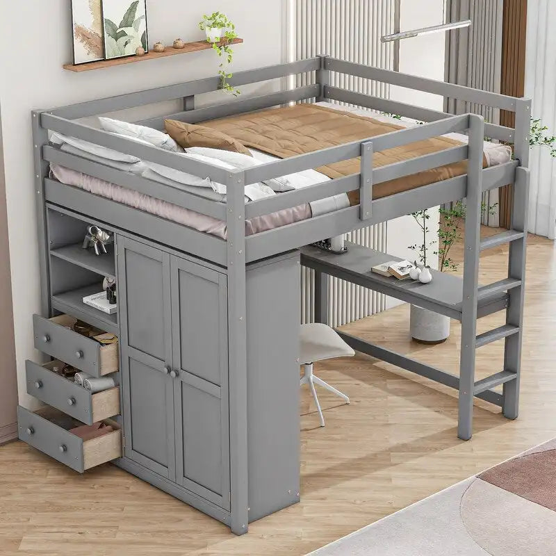 Letto a soppalco matrimoniale in legno con armadio a muro, scrivania, ripiani e cassetti portaoggetti