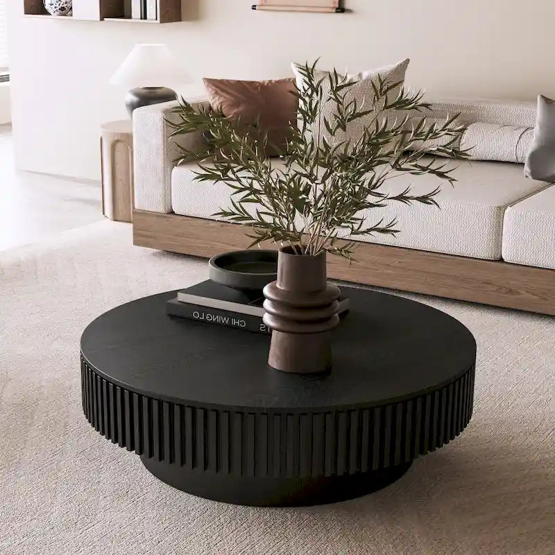 Tavolino rotondo moderno in legno massello impiallacciato con contenitore
