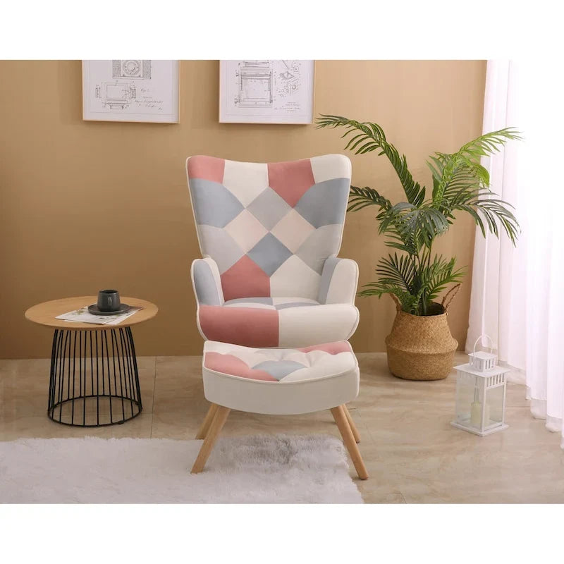 Poltrona con Pouf, Set Sedia e Ottomana per Soggiorno, Comoda Poltroncina Laterale per Camera da Letto, Superficie in Tessuto con Giunture Creative