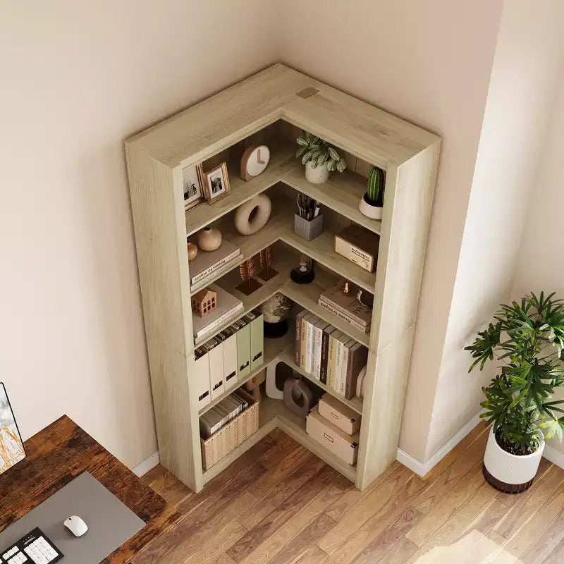 Libreria angolare a 5 ripiani a forma di L, in stile retrò, Bianco/Nero/Legno, singola