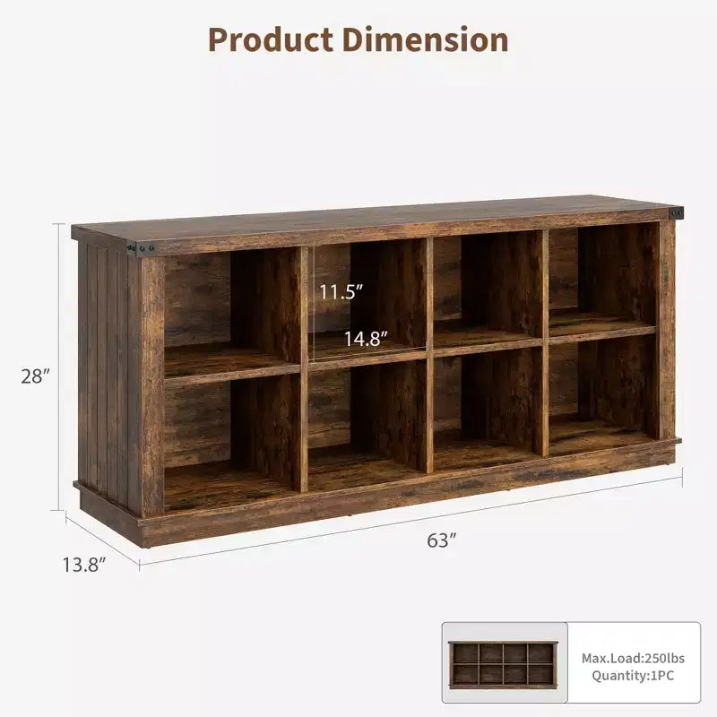 Libreria organizer a 8 cubi, libreria orizzontale rustica, libreria in legno da 62 pollici per ingresso, librerie lunghe e basse per soggiorno