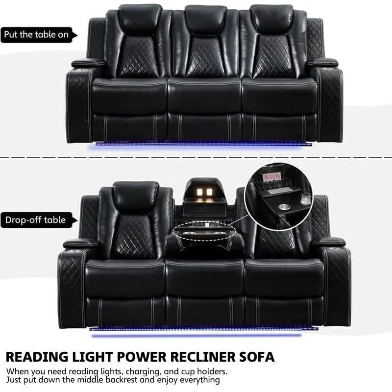 Divano Reclinabile Elettrico con Caricatore Wireless, Luce da Lettura per Soggiorno, Luce LED in Similpelle, Porta AC/USB, Portabicchieri, Nero