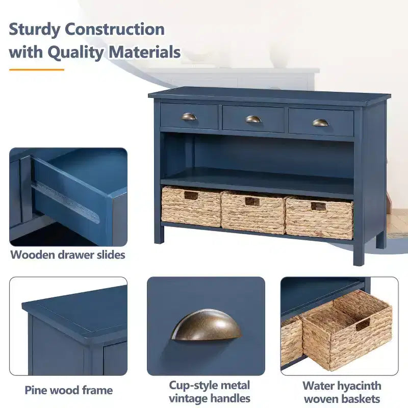 Consolle da Ingresso con Contenitore, Tavolo da Ingresso Stile Rustico con 3 Cassetti e 3 Cesti in Giacinto d'Acqua per Soggiorno o Ingresso - Panipeachy