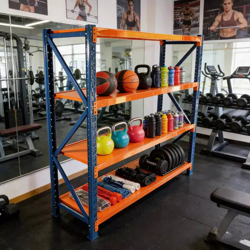 Scaffali per garage VIYET per impieghi gravosi, scaffalature in metallo regolabili a 4 ripiani con capacità di 2000 kg, stoccaggio industriale blu e arancione per negozio commerciale/attrezzi/palestra