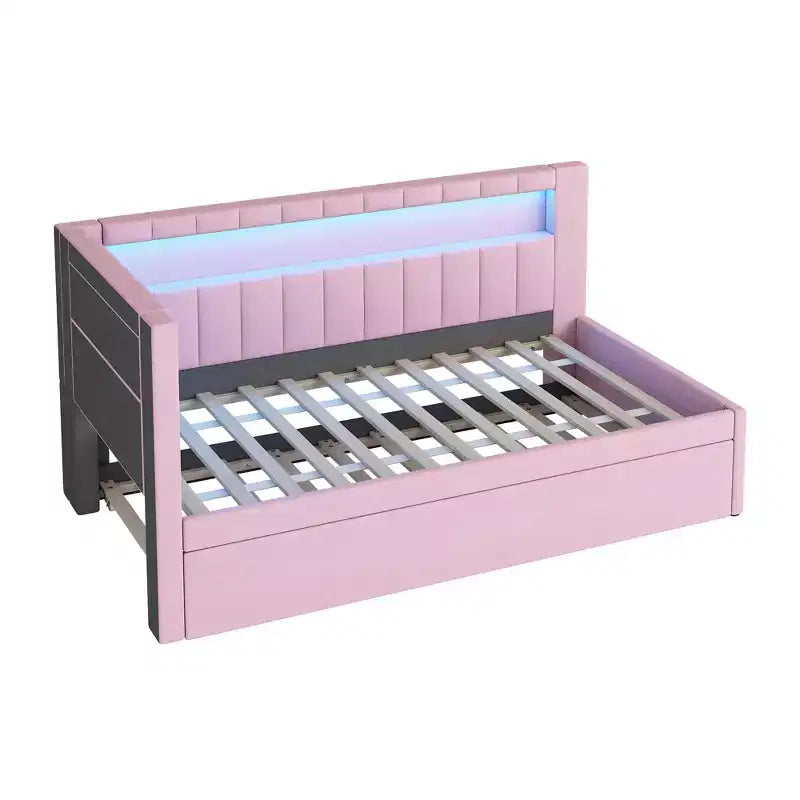 Letto da Giorno Twin/Full con Letto Estraibile e Testiera a Libreria a L, Letto Angolare Imbottito in Lino con Ripiani Portaoggetti e Cinghia a LED