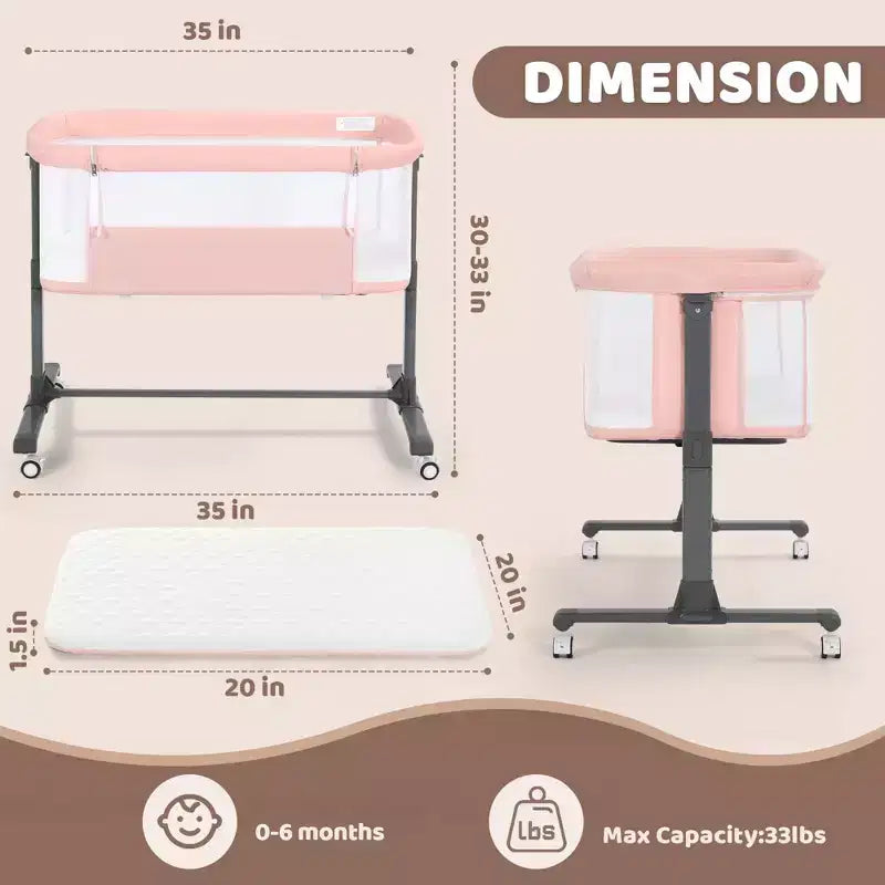 Culla Neonato con Ruote – Beige / Grigio / Rosa, Culla Fianco Letto, per 1 Neonato