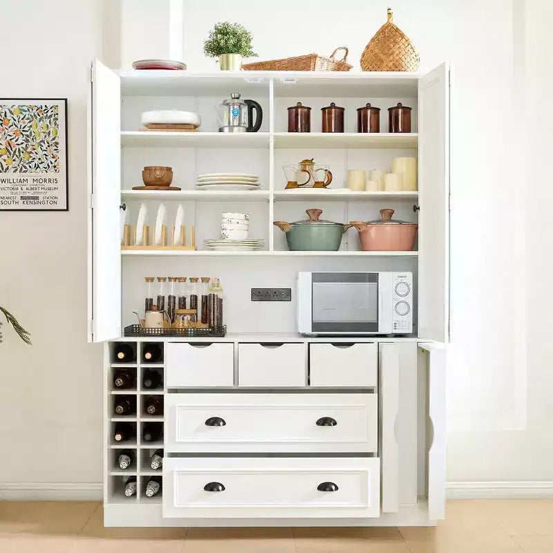 Whisen Armadio Dispensa per Cucina Autoportante Alto 180 cm, Grande Credenza Contenitore per Sala da Pranzo con 4 Ante Pieghevoli, Ripiani, Portabottiglie