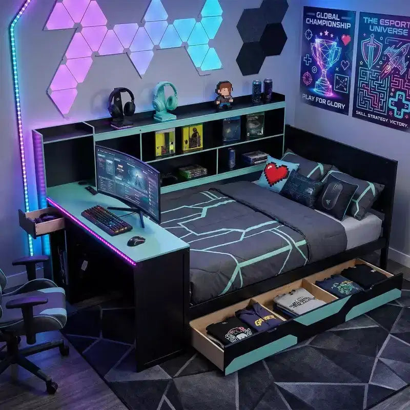 Letto a Giorno Gamer Hub con Scrivania, Luci RGB, Stazione di Ricarica, Cassetti e Testiera Libreria