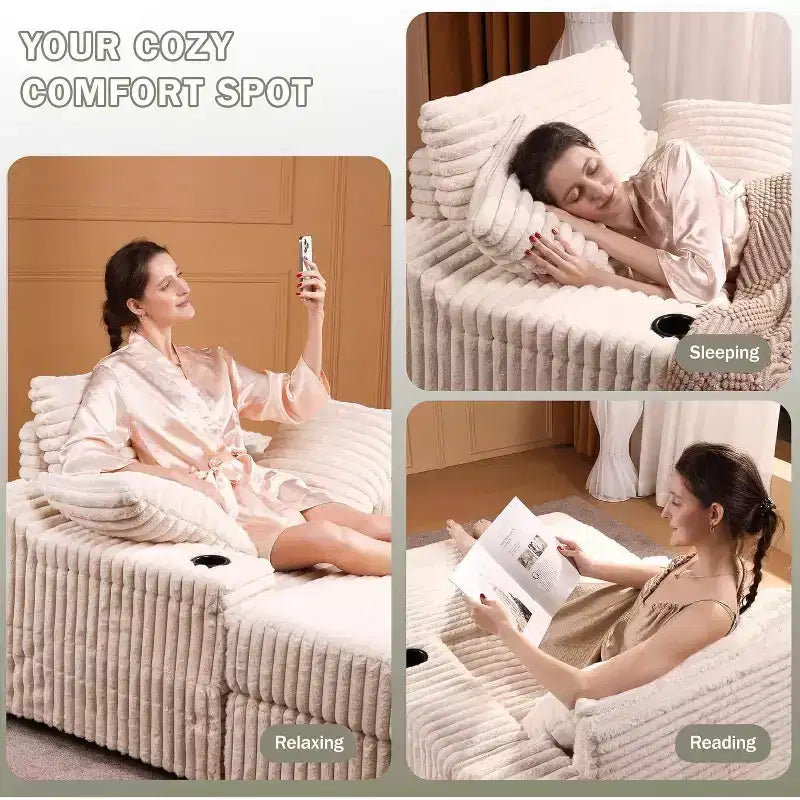 Poltrona chaise longue oversize da interno con pouf contenitore, divano letto in velluto a coste imbottito Cloud Couch con 3 cuscini, poltrona letto singola