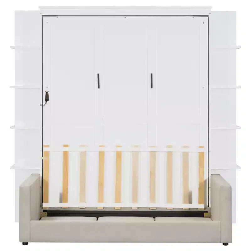Letto a scomparsa Queen Murphy con divano, letto a scomparsa Queen Size con armadio, letto a parete pieghevole con libreria e mensole per camera degli ospiti o ufficio