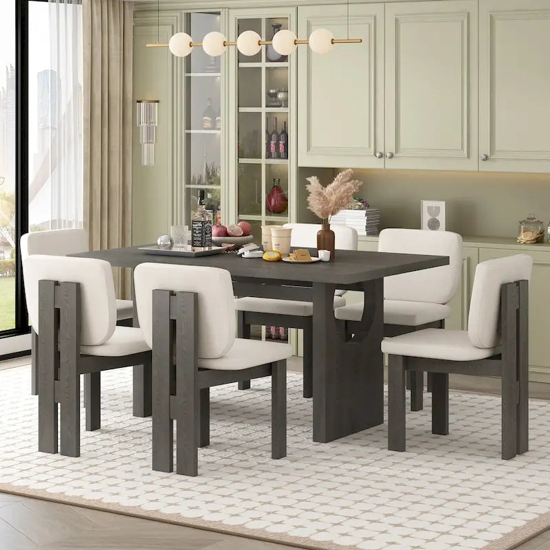 Set da pranzo transizionale in legno da 7 pezzi con tavolo rettangolare e 6 sedie