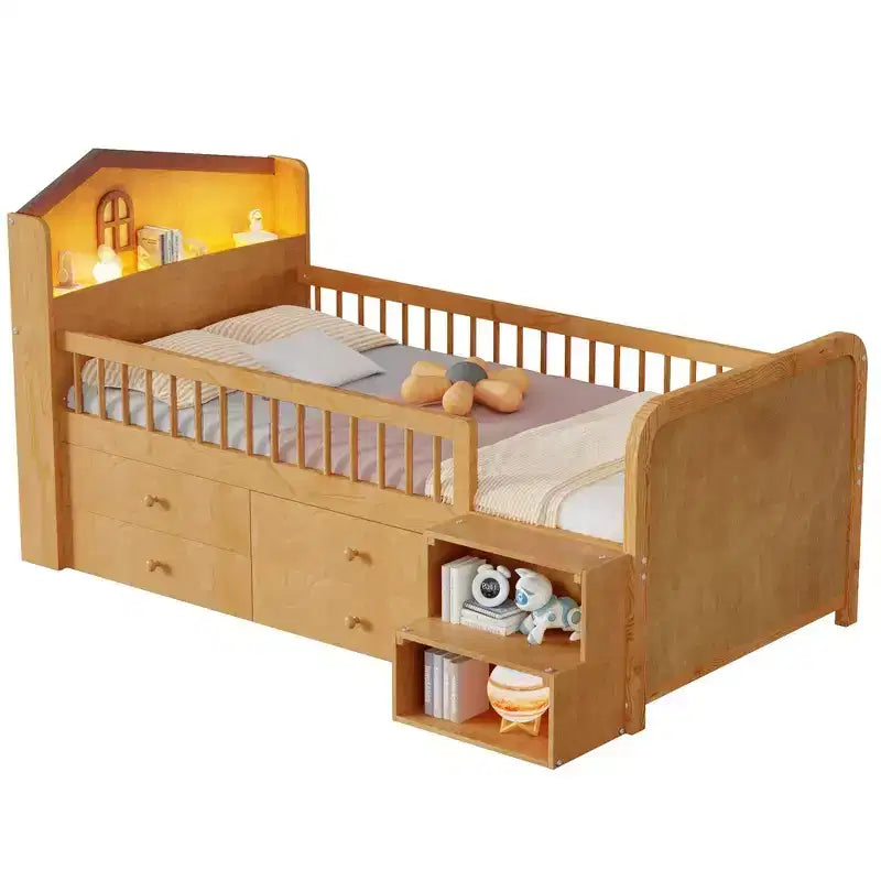 Letto a soppalco basso Whisen con luci a LED, testiera a forma di casetta e cassetti portaoggetti, struttura solida