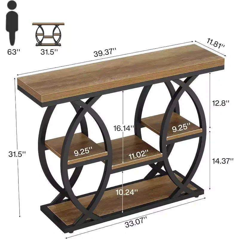 Tavolo Consolle Lantine 39.4, Tavolo da Divano Industriale a 4 Ripiani Tavolo d'Ingresso con Ripiani Portaoggetti e Struttura in Metallo per Piccoli Spazi, Corridoio, Ingresso, Marrone