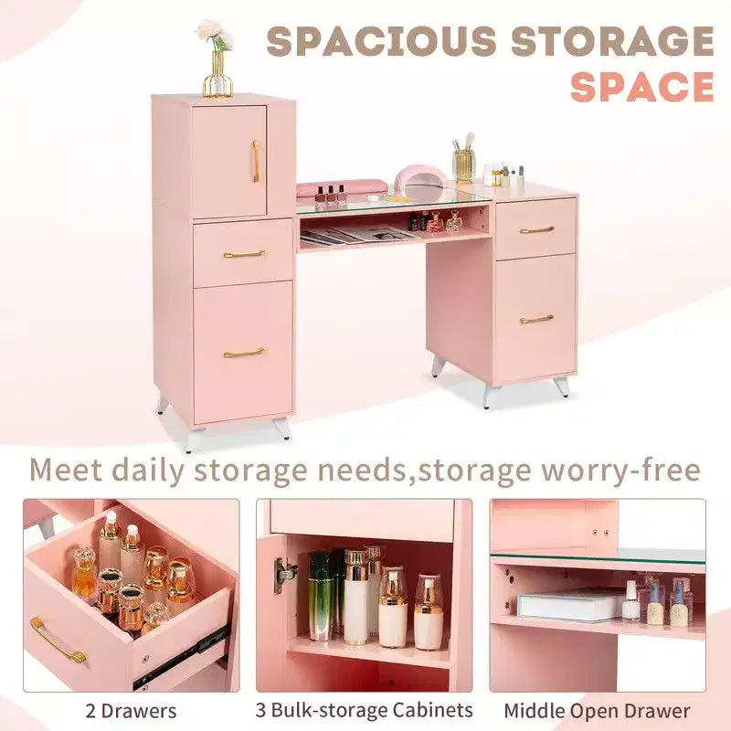 Tavolo per manicure moderno nero/rosa con piano in vetro e poggiapolsi, postazione singola