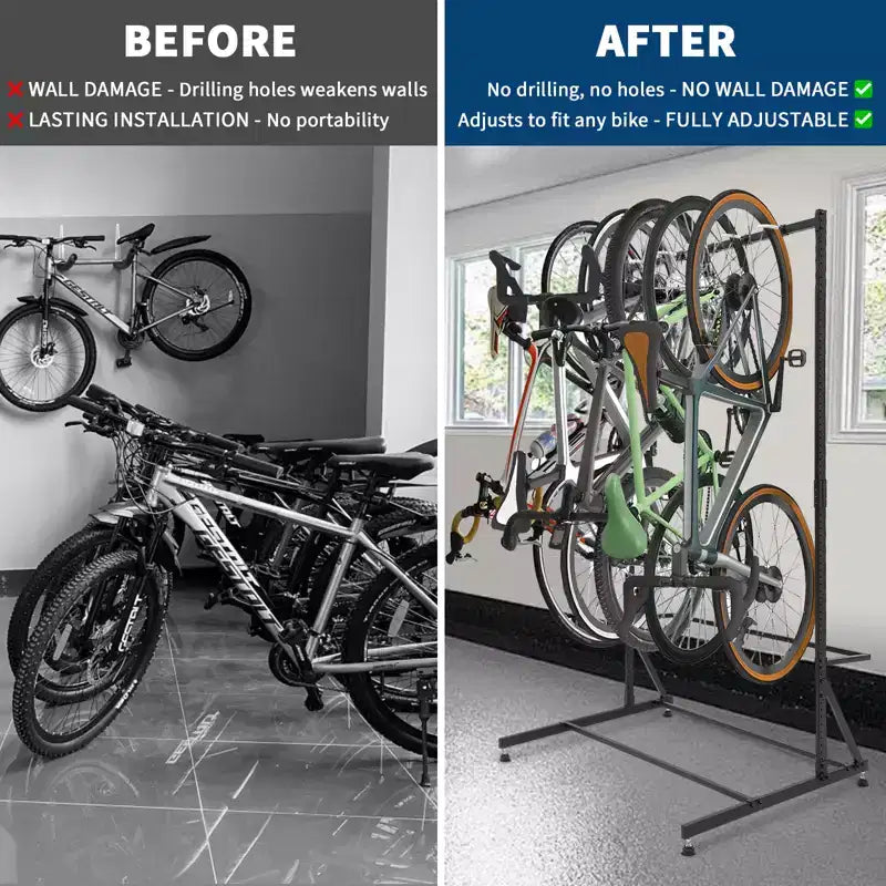 Rastrelliera portabici autoportante per 5 bici con capacità di carico di 136 kg, robusto organizzatore per un posizionamento sicuro e stabile delle bici in cortili anteriori e posteriori
