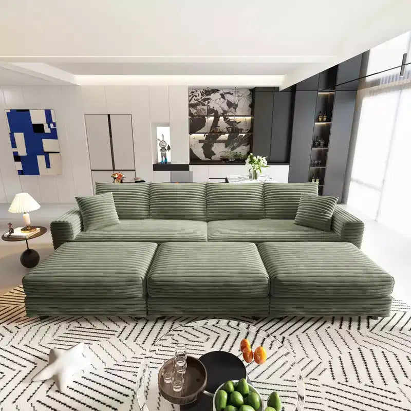 102.4 Canapé convertible 4 places en velours côtelé avec poufs – Vert