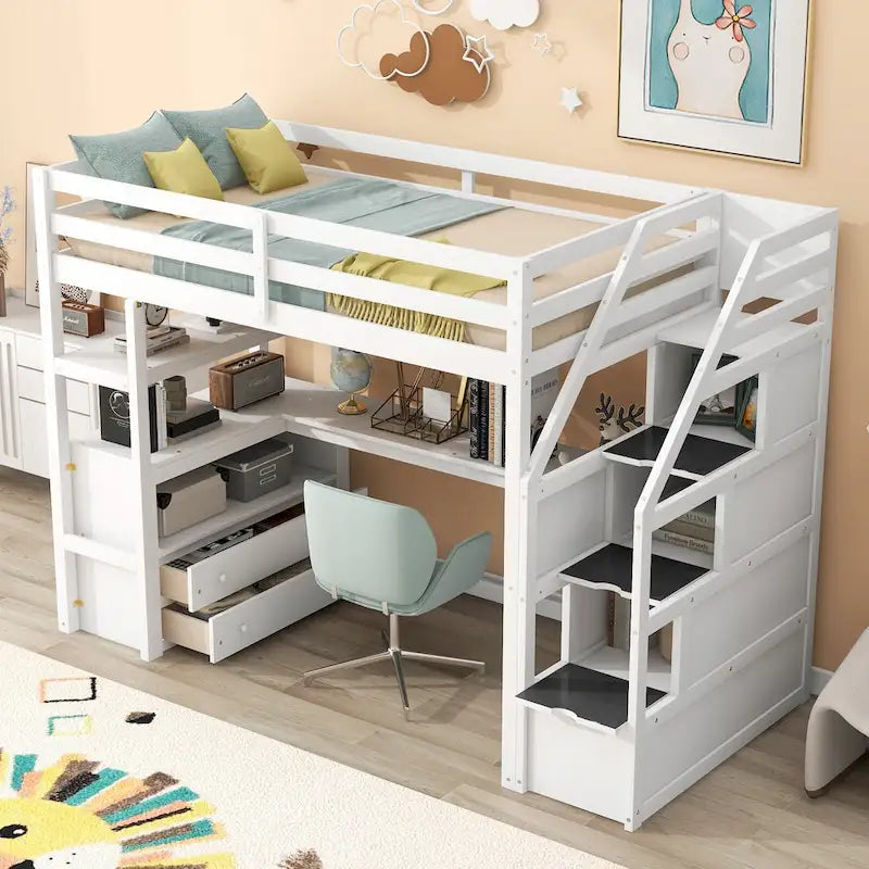 Letto a soppalco singolo con scrivania e mensole, due cassetti integrati, scala contenitore