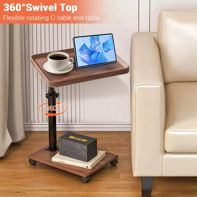 C-Shaped Adjustable Height End Table, 360-Degree Swivel TV Tray Table for Small Spaces, Side Table with Wheels for Living Room and Bedroom, Bed Side