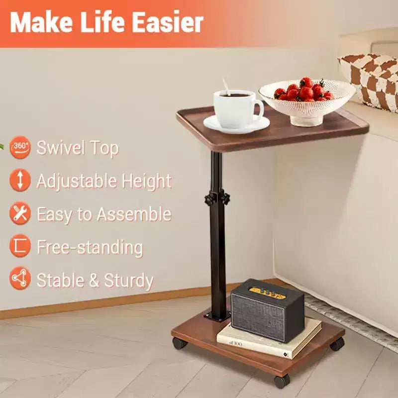 C-Shaped Adjustable Height End Table, 360-Degree Swivel TV Tray Table for Small Spaces, Side Table with Wheels for Living Room and Bedroom, Bed Side
