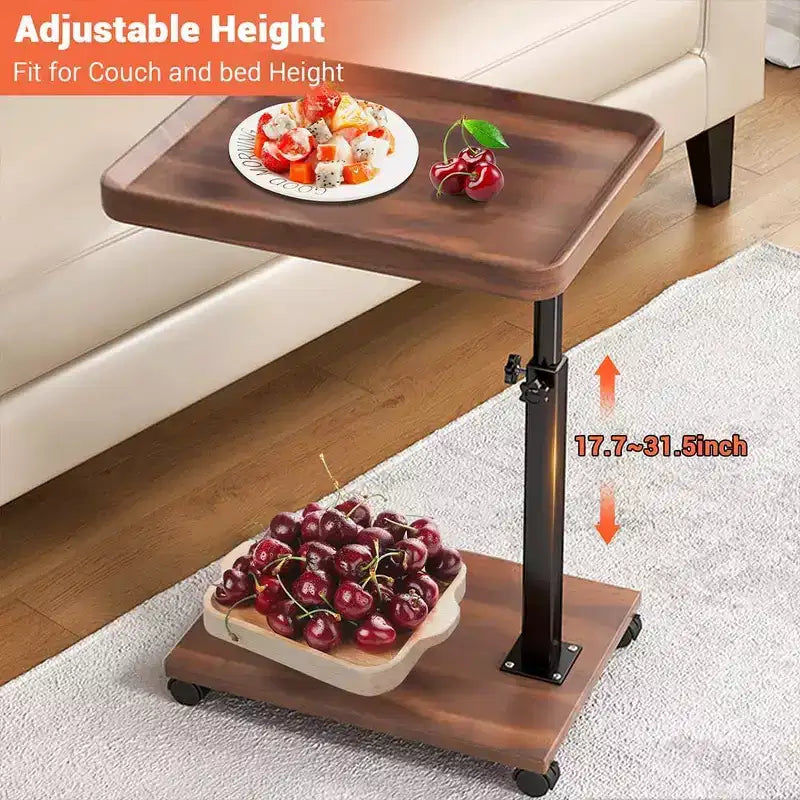 C-Shaped Adjustable Height End Table, 360-Degree Swivel TV Tray Table for Small Spaces, Side Table with Wheels for Living Room and Bedroom, Bed Side