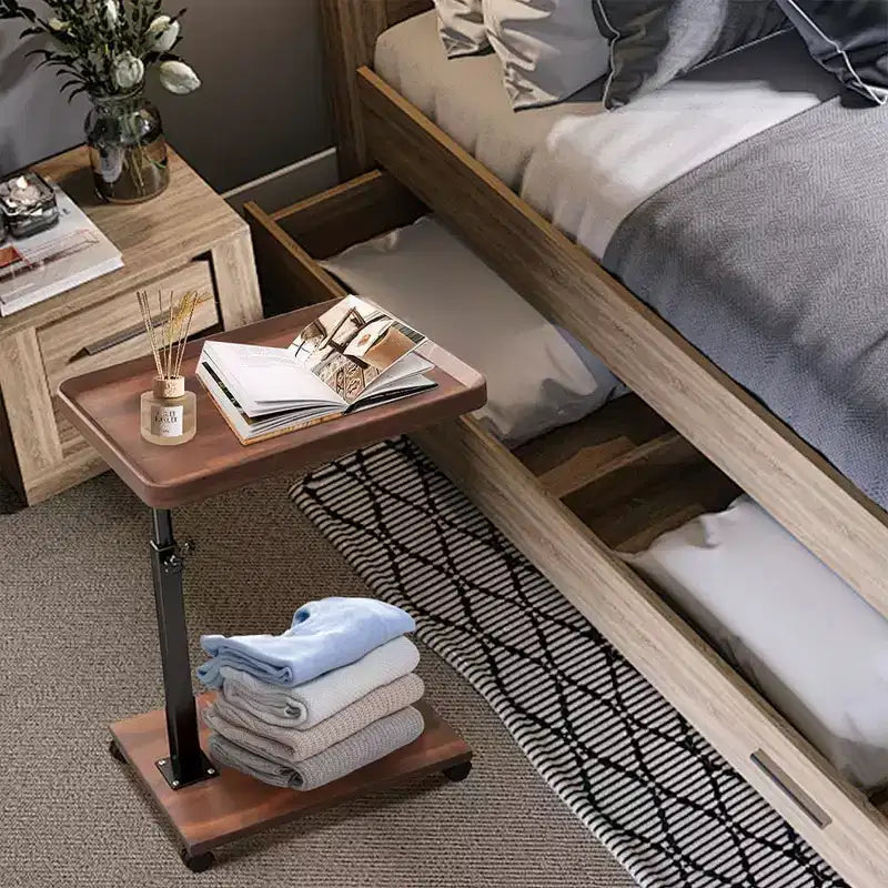 C-Shaped Adjustable Height End Table, 360-Degree Swivel TV Tray Table for Small Spaces, Side Table with Wheels for Living Room and Bedroom, Bed Side