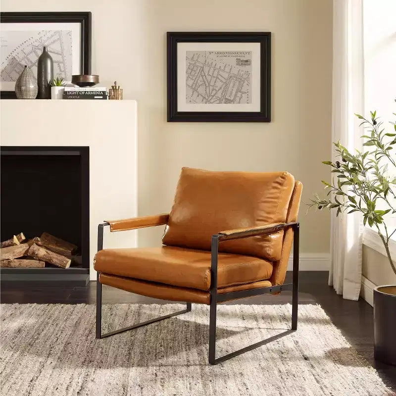 Faux Leather Cushioned Seat and Back Accent Chair with Metal Frame