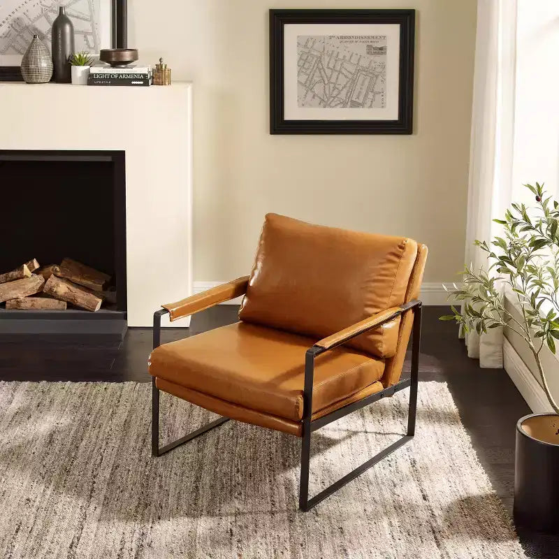 Faux Leather Cushioned Seat and Back Accent Chair with Metal Frame