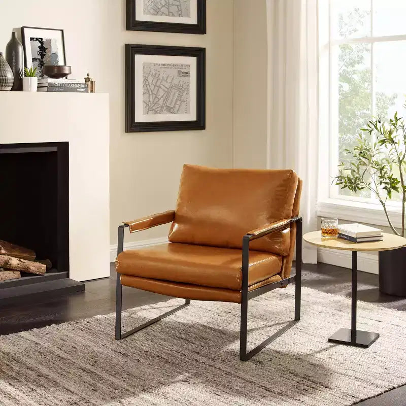 Faux Leather Cushioned Seat and Back Accent Chair with Metal Frame