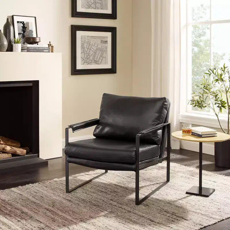 Faux Leather Cushioned Seat and Back Accent Chair with Metal Frame