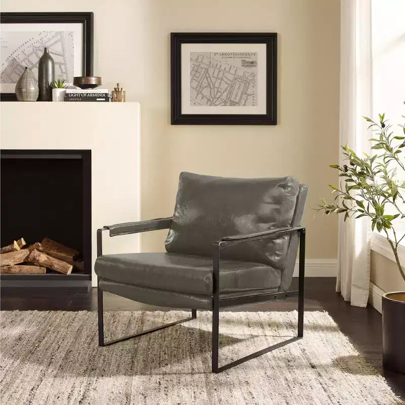 Faux Leather Cushioned Seat and Back Accent Chair with Metal Frame
