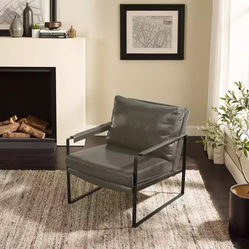 Faux Leather Cushioned Seat and Back Accent Chair with Metal Frame